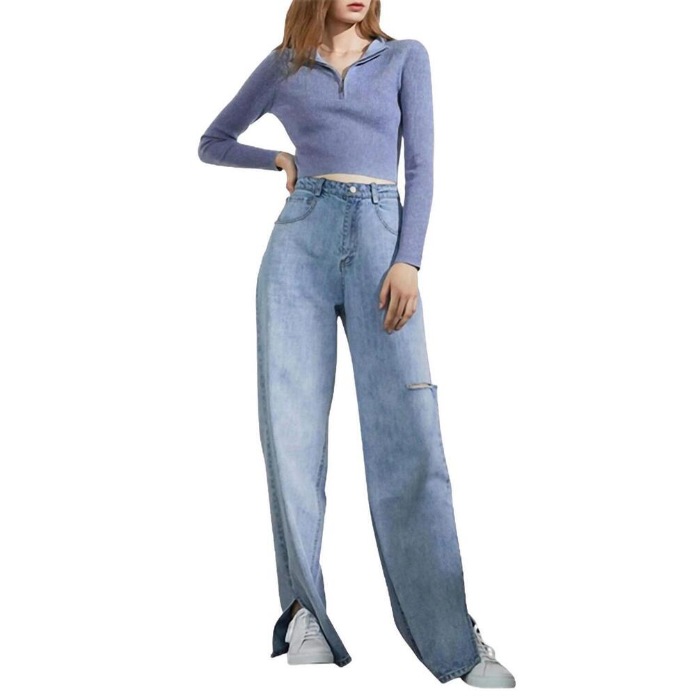 NEW J.ING dennis cutout slit-hem wide-leg jeans in light blue